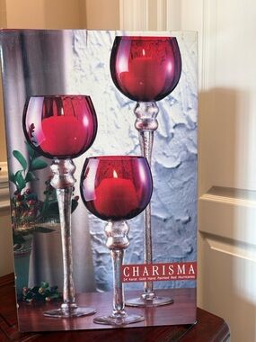 NEW! Charisma 3-Piece Red Hurricane Set Hand Painted 24K Gold Stems Decor